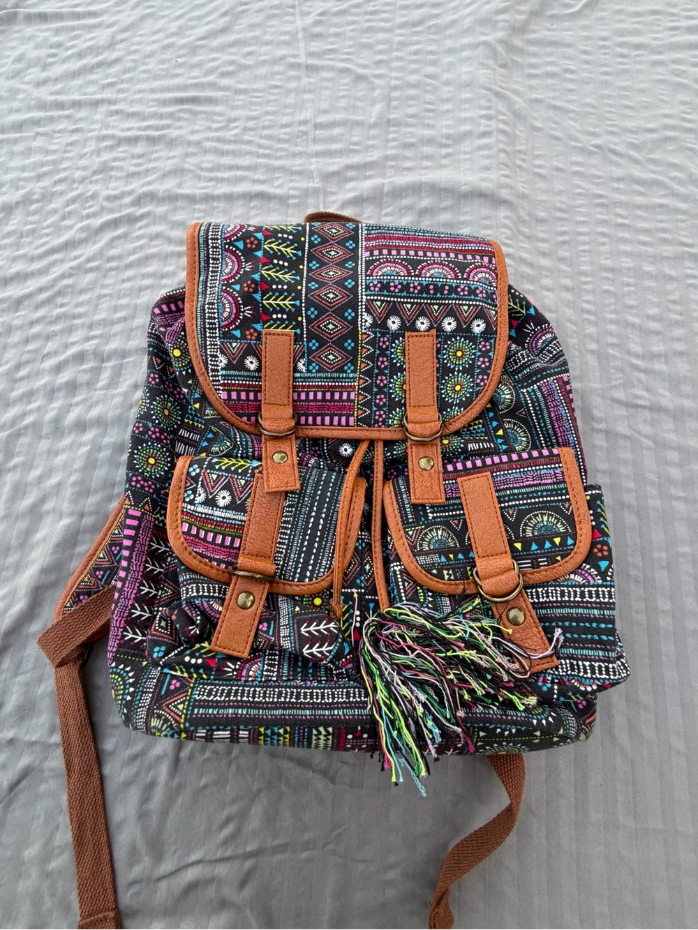 Boho Multicolor Patterned Backpack with Tan Trim